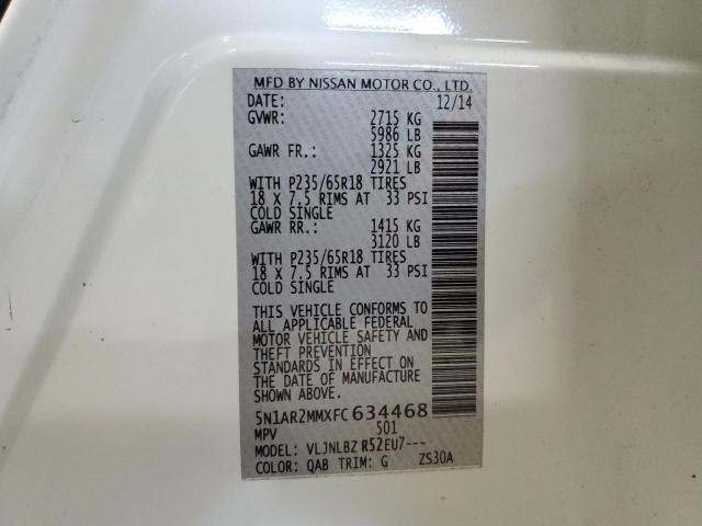 5N1AR2MMXFC634468 - 2015 NISSAN PATHFINDER S WHITE photo 13