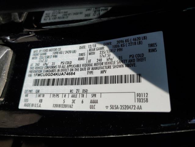 1FMCU0GD4KUA74684 - 2019 FORD ESCAPE SE Negro foto 13