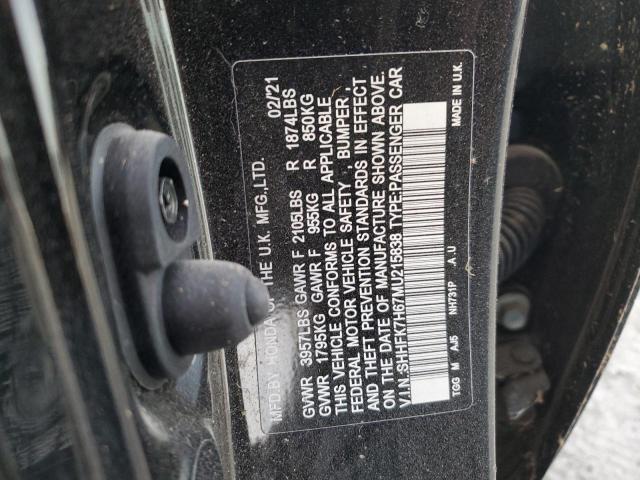 SHHFK7H67MU215838 - 2021 HONDA CIVIC EX BLACK photo 12