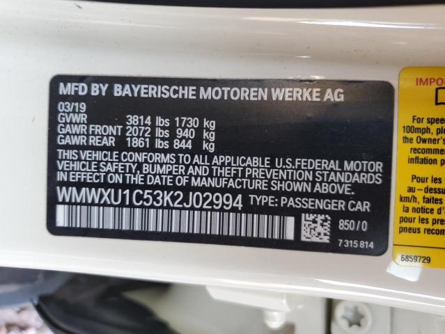 WMWXU1C53K2J02994 - 2019 MINI COOPER BEIGE photo 12