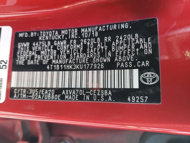 4T1B11HK3KU177926 - 2019 TOYOTA CAMRY L RED photo 13