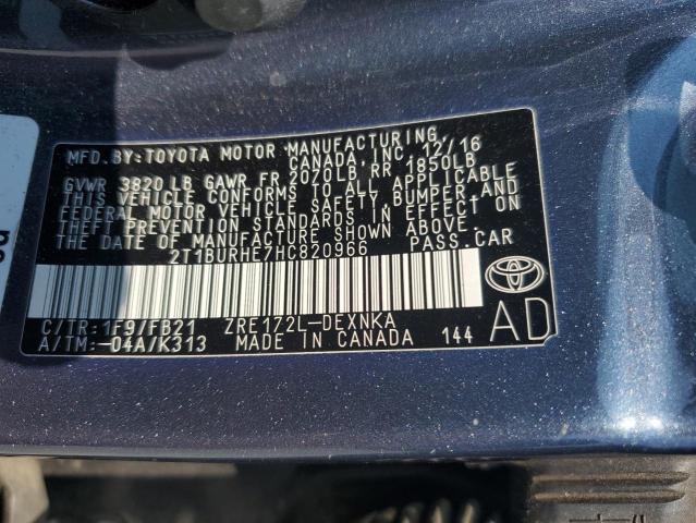 2T1BURHE7HC820966 - 2017 TOYOTA COROLLA L BLUE photo 13