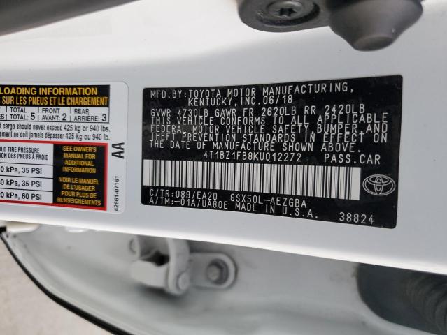 4T1BZ1FB8KU012272 - 2019 TOYOTA AVALON XLE WHITE photo 12