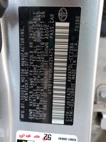 4T1B11HK0KU835475 - 2019 TOYOTA CAMRY L SILVER photo 12