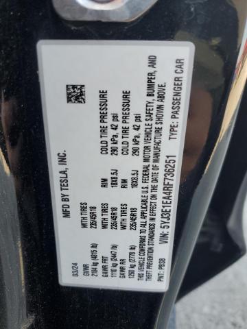 5YJ3E1EA4RF736251 - 2024 TESLA MODEL 3 Чорний фото 12