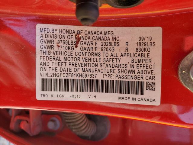 2HGFC2F81KH597637 - 2019 HONDA CIVIC SPORT Красный фото 12