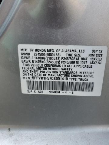 5FPYK1F57CB001410 - 2012 HONDA RIDGELINE RTL Srebrny zdjęcie 12