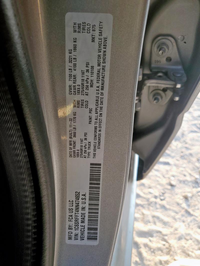 1C6SRFFT4NN474652 - 2022 RAM 1500 BIG HORN/LONE STAR GRAY photo 12