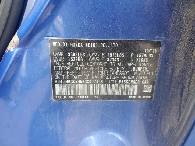 JHMGK5H58GX007428 - 2016 HONDA FIT LX BLUE photo 12