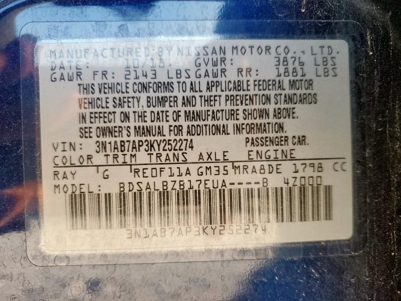 3N1AB7AP3KY252274 - 2019 NISSAN SENTRA S Blau Foto 12