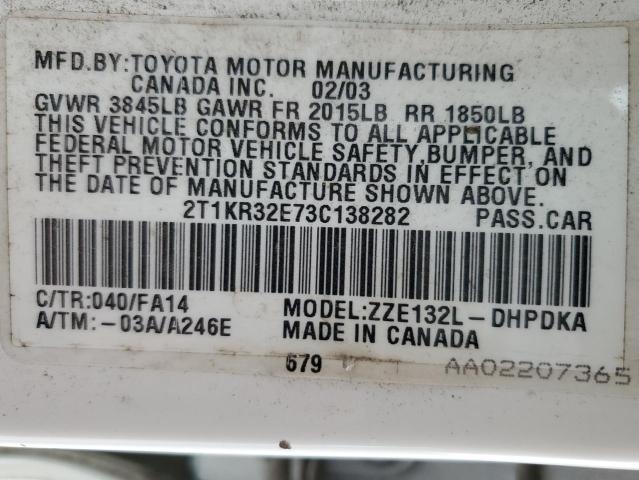 2T1KR32E73C138282 - 2003 TOYOTA COROLLA MA XR WHITE photo 12