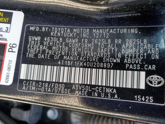 4T1BF1FK4DU208897 - 2013 TOYOTA CAMRY L BLACK photo 12