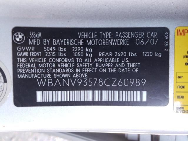 WBANV93578CZ60989 - 2008 BMW 535 XI SILVER photo 12