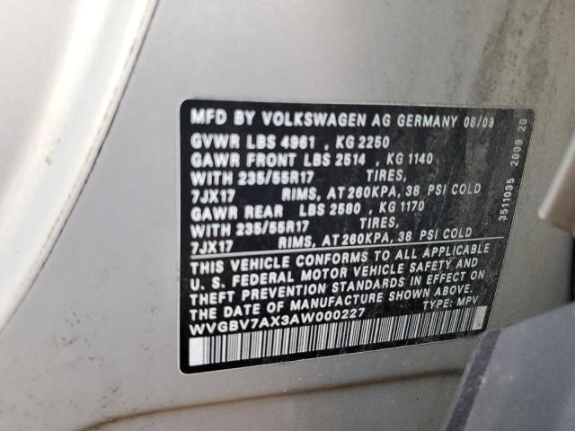 WVGBV7AX3AW000227 - 2010 VOLKSWAGEN TIGUAN SE SILVER photo 13