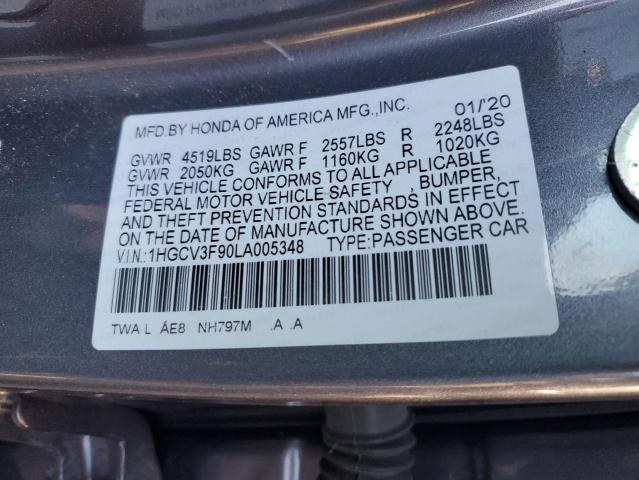 1HGCV3F90LA005348 - 2020 HONDA ACCORD TOURING HYBRID GRAY photo 12