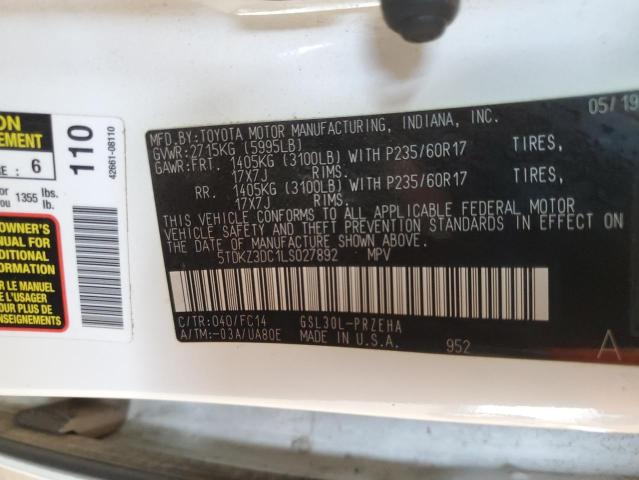 5TDKZ3DC1LS027892 - 2020 TOYT SIENNA LE თეთრი ფოტო 13