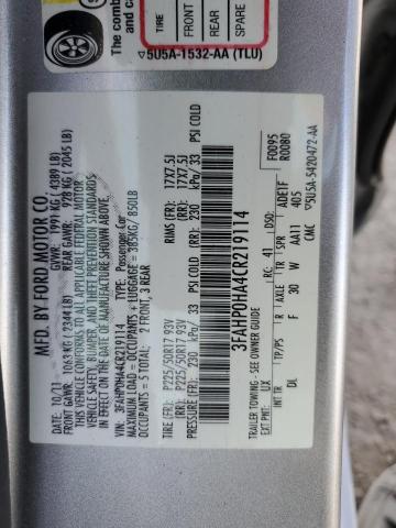 3FAHP0HA4CR219114 - 2012 FORD FUSION SE SILVER photo 12