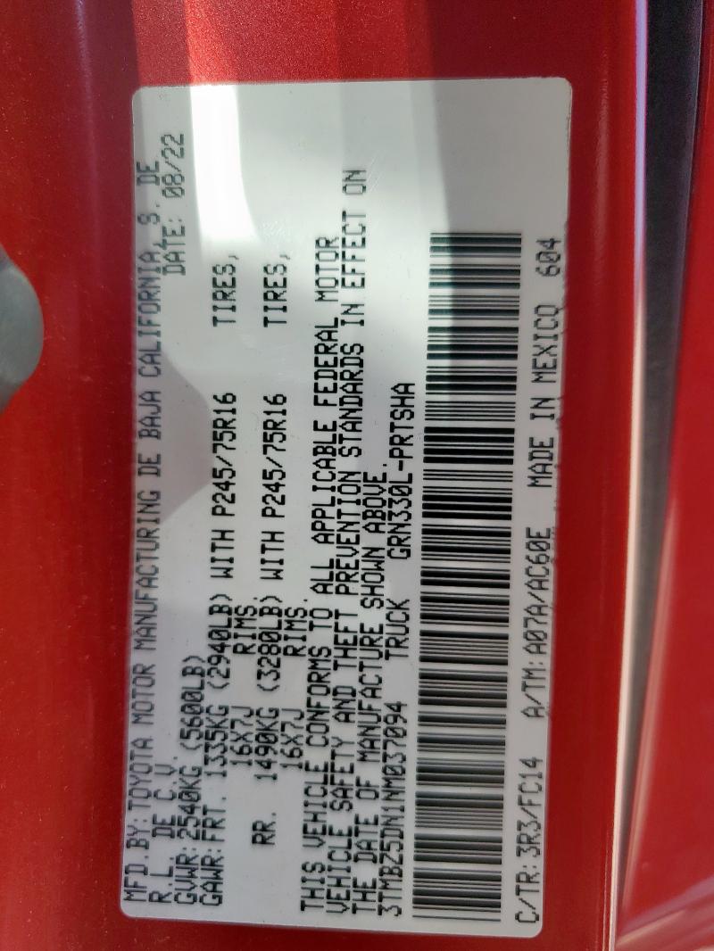 3TMBZ5DN1NM037094 - 2022 TOYOTA TACOMA DOUBLE CAB 红色 照片 12