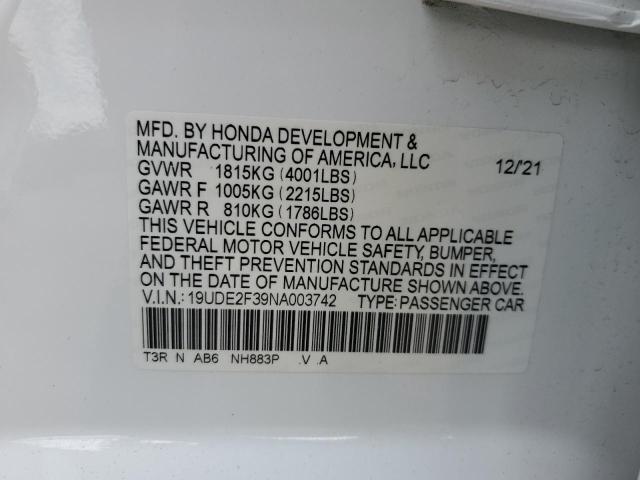 19UDE2F39NA003742 - 2022 ACURA ILX WHITE photo 12