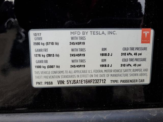 5YJSA1E16HF232712 - 2017 TESLA MODEL S შავი ფოტო 12