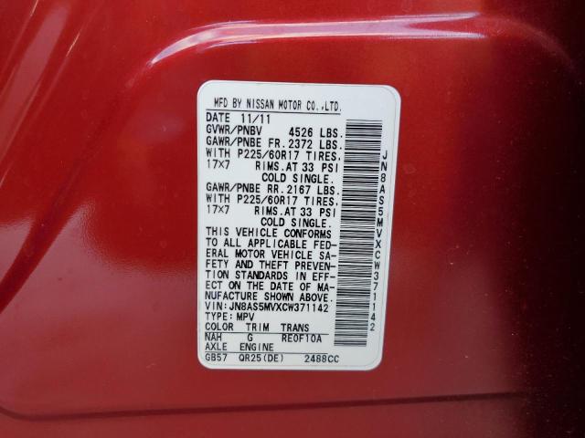 JN8AS5MVXCW371142 - 2012 NISSAN ROGUE S RED photo 12