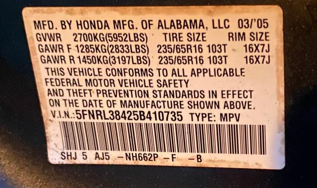 5FNRL38425B410735 - 2005 HONDA ODYSSEY EX BLUE photo 10