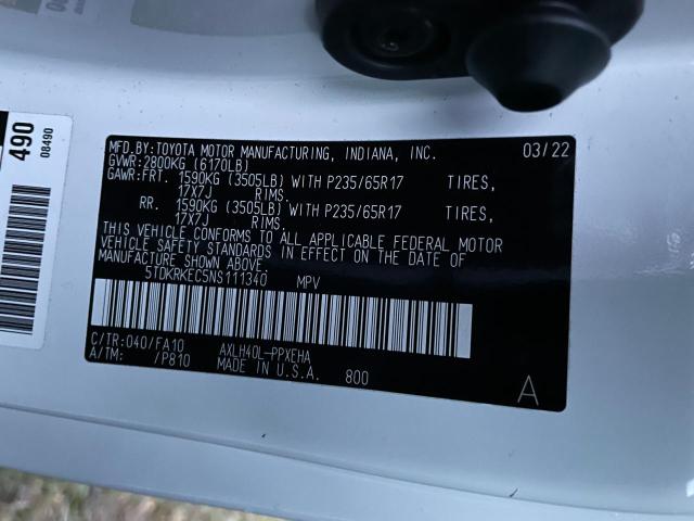 5TDKRKEC5NS111340 - 2022 TOYOTA SIENNA LE WHITE photo 10