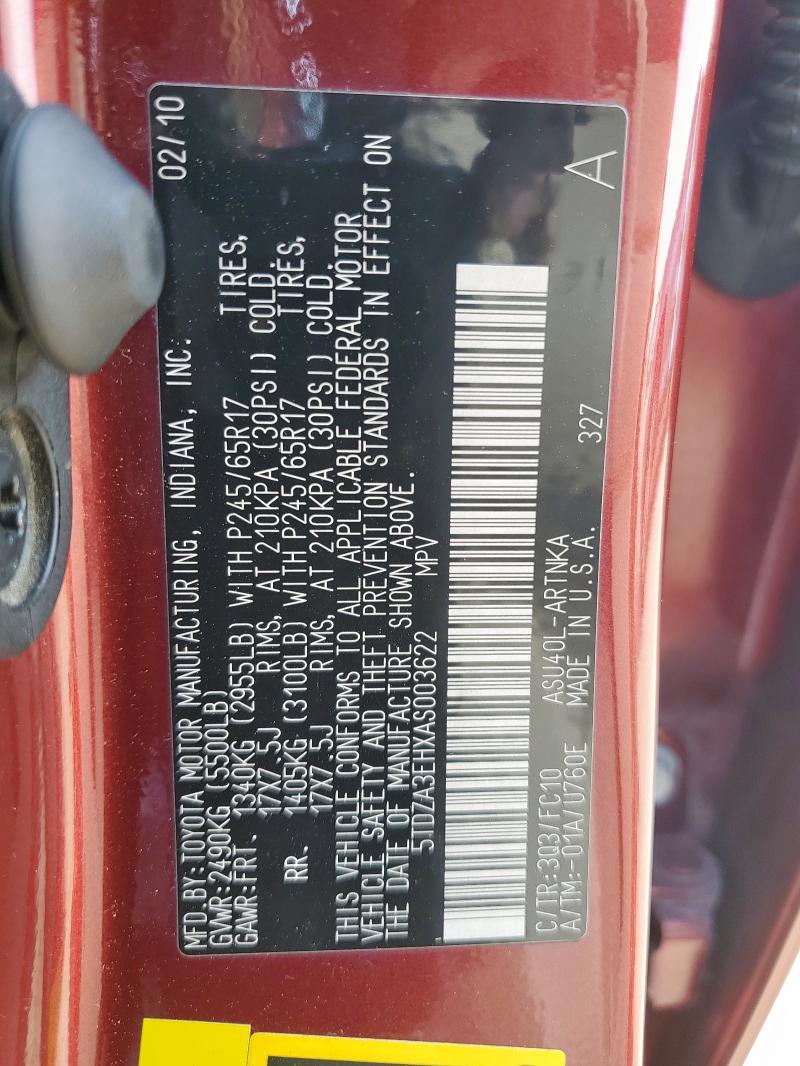 5TDZA3EHXAS003622 - 2010 TOYOTA HIGHLANDER RED photo 12