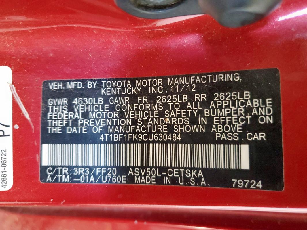 4T1BF1FK9CU630484 - 2012 TOYOTA CAMRY BASE 红色 照片 12