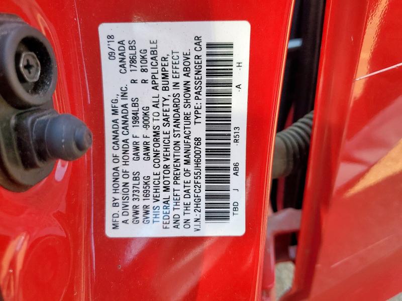 2HGFC2F55JH600768 - 2018 HONDA CIVIC LX წითელი ფოტო 12