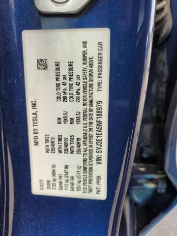 5YJ3E1EA5NF188979 - 2022 TESLA MODEL 3 ლურჯი ფოტო 12