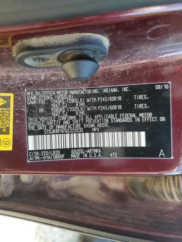 5TDJKRFH7GS322030 - 2016 TOYOTA HIGHLANDER XLE BURGUNDY photo 13