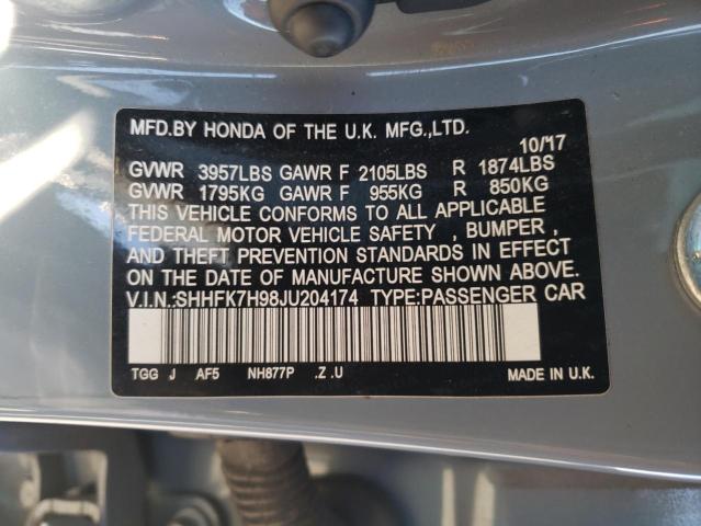 SHHFK7H98JU204174 - 2018 HONDA CIVIC SPORT TOURING GRAY photo 12