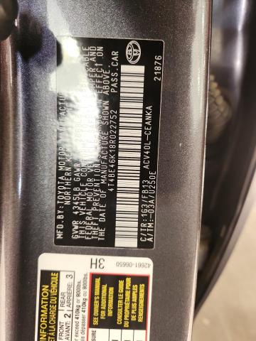 4T4BE46K18R022752 - 2008 TOYOTA CAMRY CE CHARCOAL photo 12