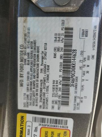 3FA6P0CD0KR144628 - 2019 FORD FUSION SEL CHARCOAL photo 13