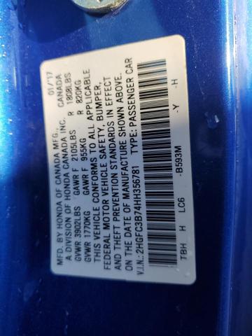 2HGFC3B74HH356781 - 2017 HONDA CIVIC EXL BLUE photo 12