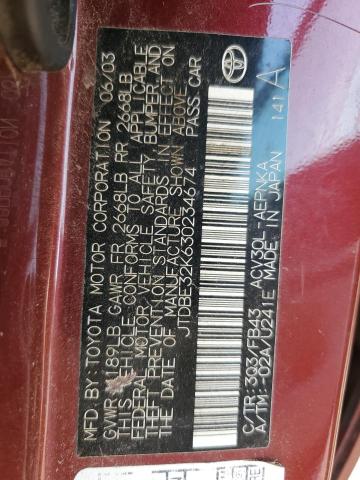 JTDBE32K630234674 - 2003 TOYOTA CAMRY LE MAROON photo 12