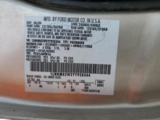 1LNHM82W2YY928344 - 2000 LINCOLN TOWN CAR SIGNATURE Բեժ լուսանկար 12