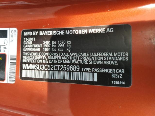 WMWSU3C52CT259689 - 2012 MINI COOPER ORANGE photo 13