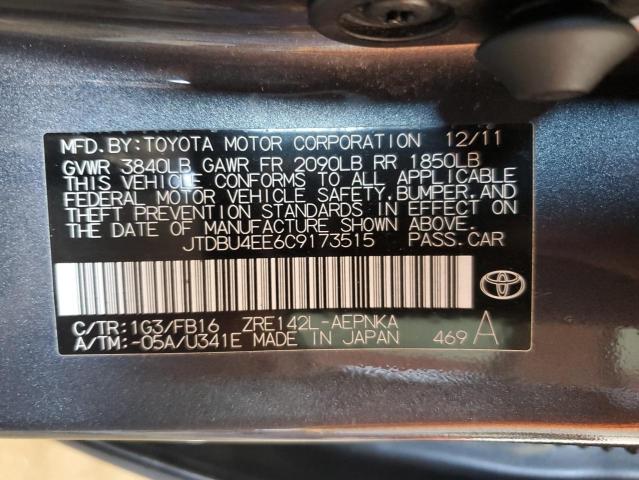 JTDBU4EE6C9173515 - 2012 TOYOTA COROLLA BASE ნაცრისფერი ფოტო 12