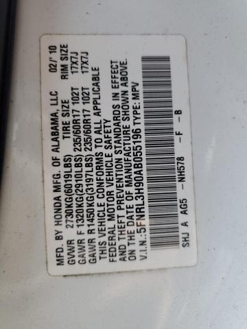 5FNRL3H90AB055196 - 2010 HONDA ODYSSEY TOURING WHITE photo 13