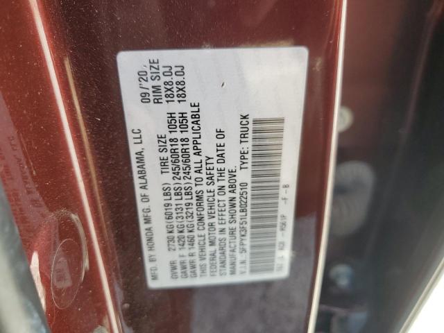 5FPYK3F51LB022510 - 2020 HONDA RIDGELINE RTL მუქწითელი ფოტო 13