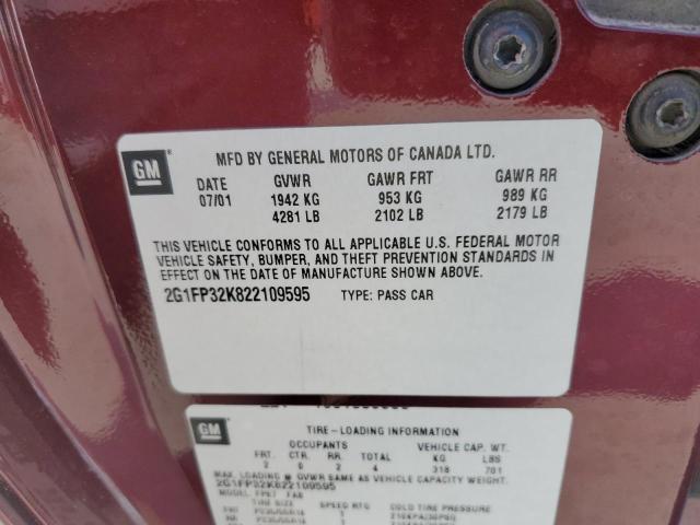 2G1FP32K822109595 - 2002 CHEVROLET CAMARO MAROON photo 12