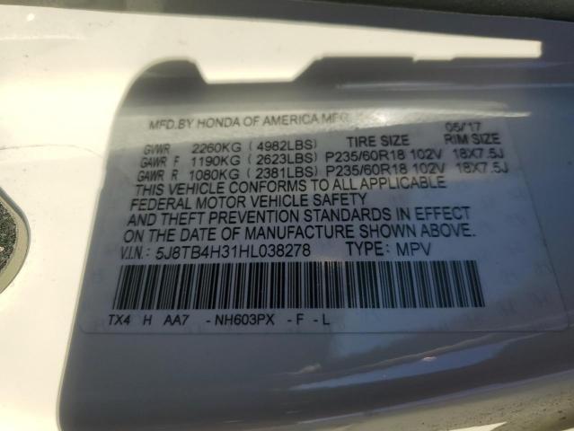 5J8TB4H31HL038278 - 2017 ACURA RDX WHITE photo 12