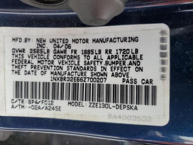 1NXBR32E66Z700207 - 2006 TOYOTA COROLLA CE ლურჯი ფოტო 12