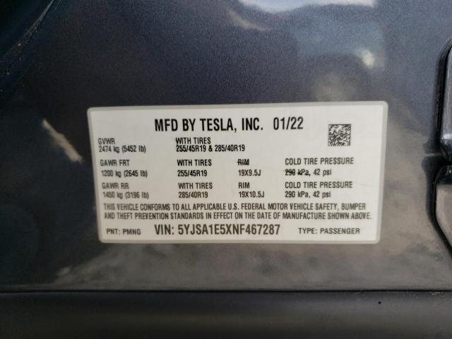 5YJSA1E5XNF467287 - 2022 TESLA MODEL S Գրաֆիտ լուսանկար 12