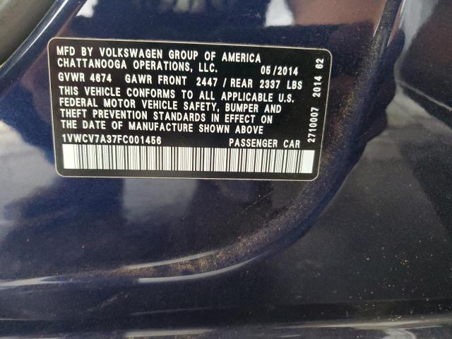 1VWCV7A37FC001456 - 2015 VOLKSWAGEN PASSAT SEL Mavi fotoğraf 13