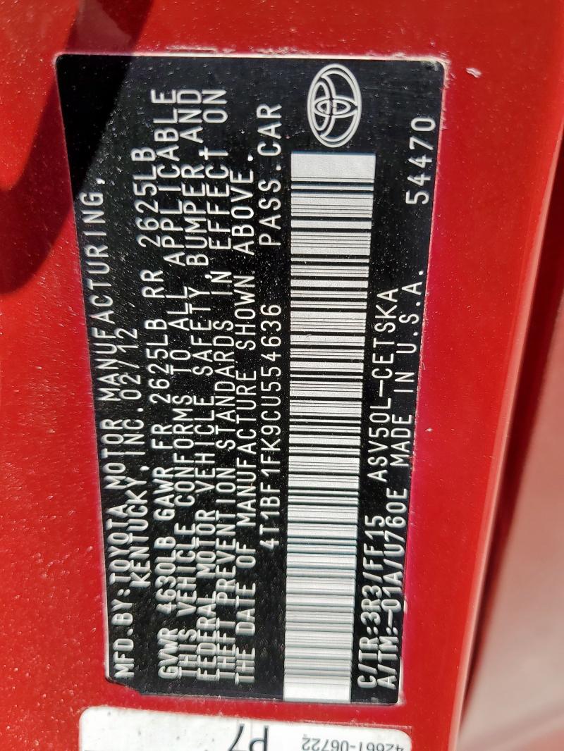 4T1BF1FK9CU554636 - 2012 TOYOTA CAMRY BASE RED photo 13