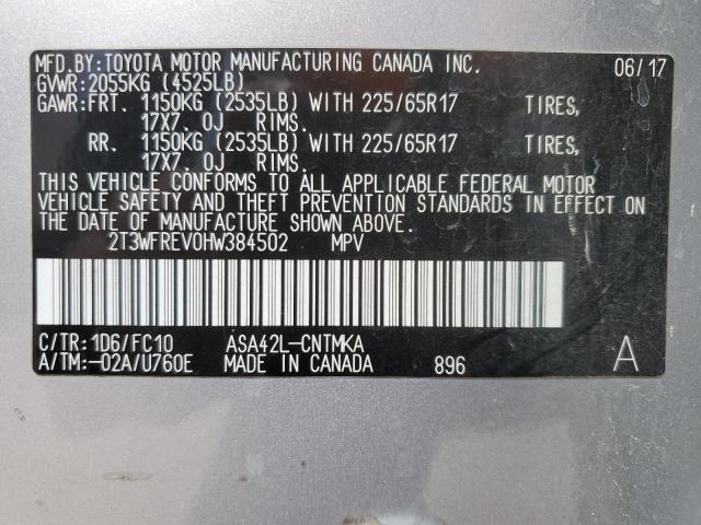 2T3WFREV0HW384502 - 2017 TOYOTA RAV4 XLE SILVER photo 13