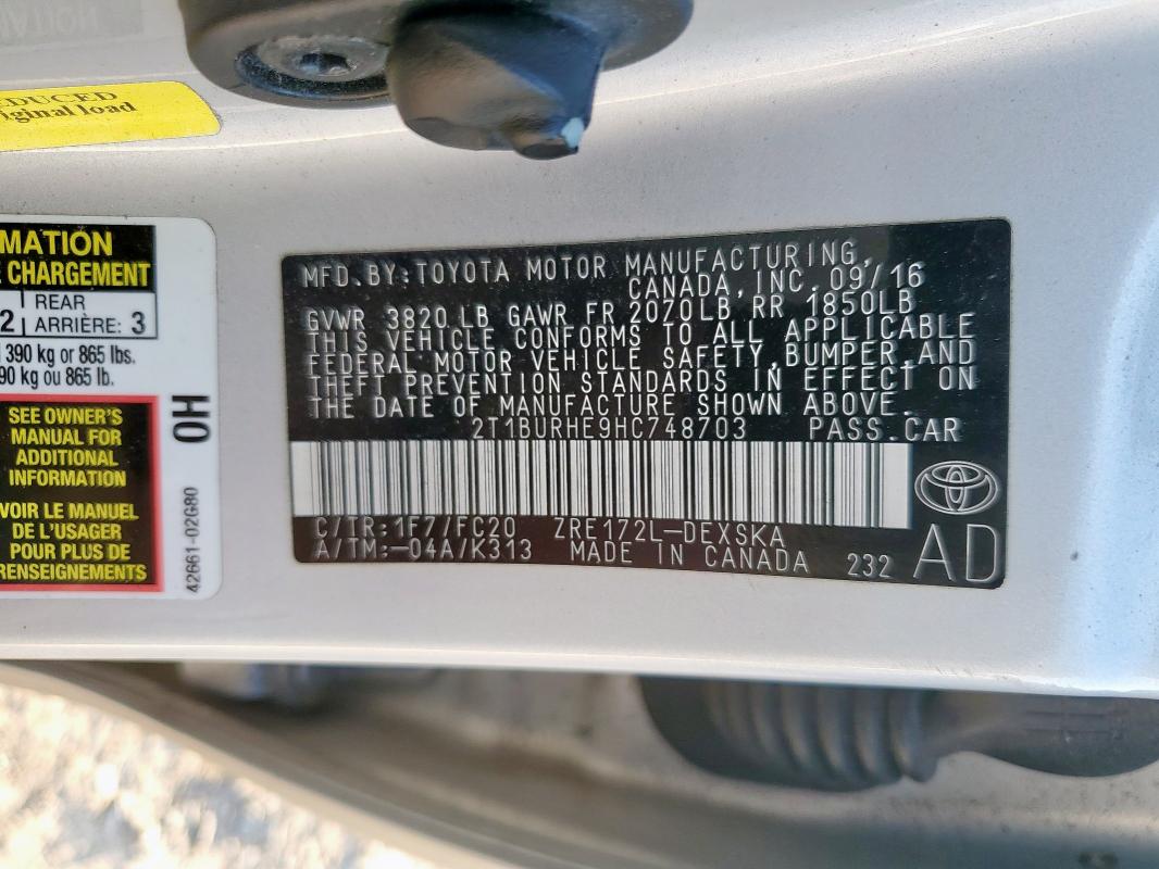 2T1BURHE9HC748703 - 2017 TOYOTA COROLLA L SILVER photo 12